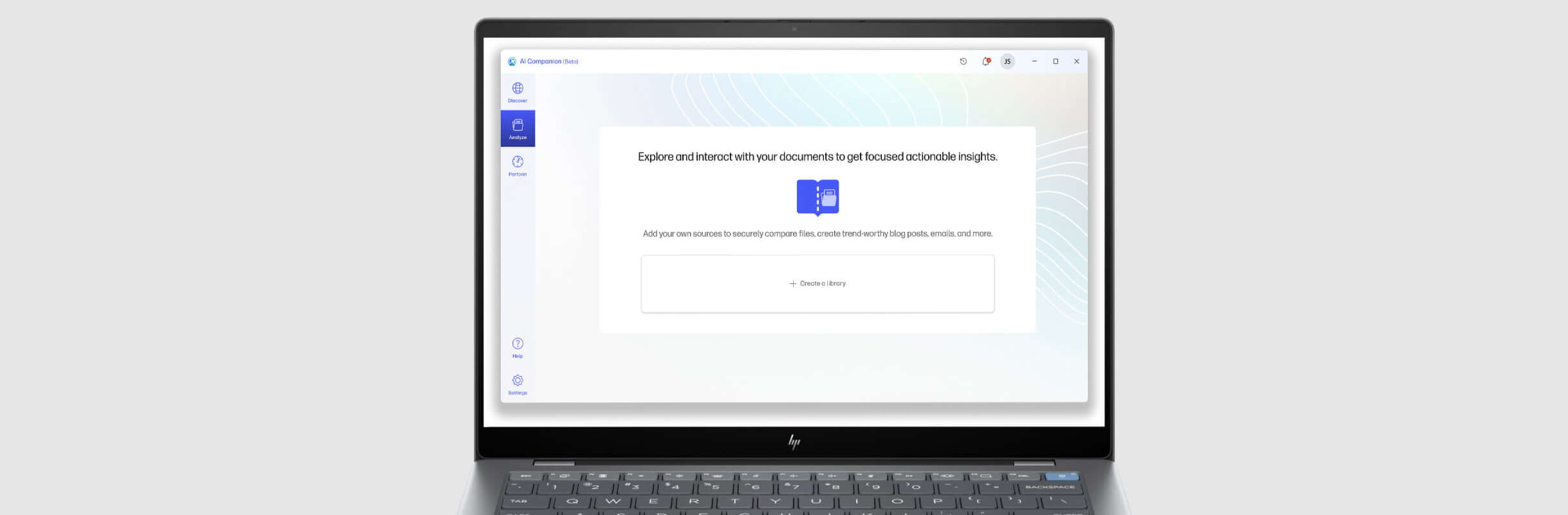 Laptop screen showing the Analyze option on the HP AI Companion app