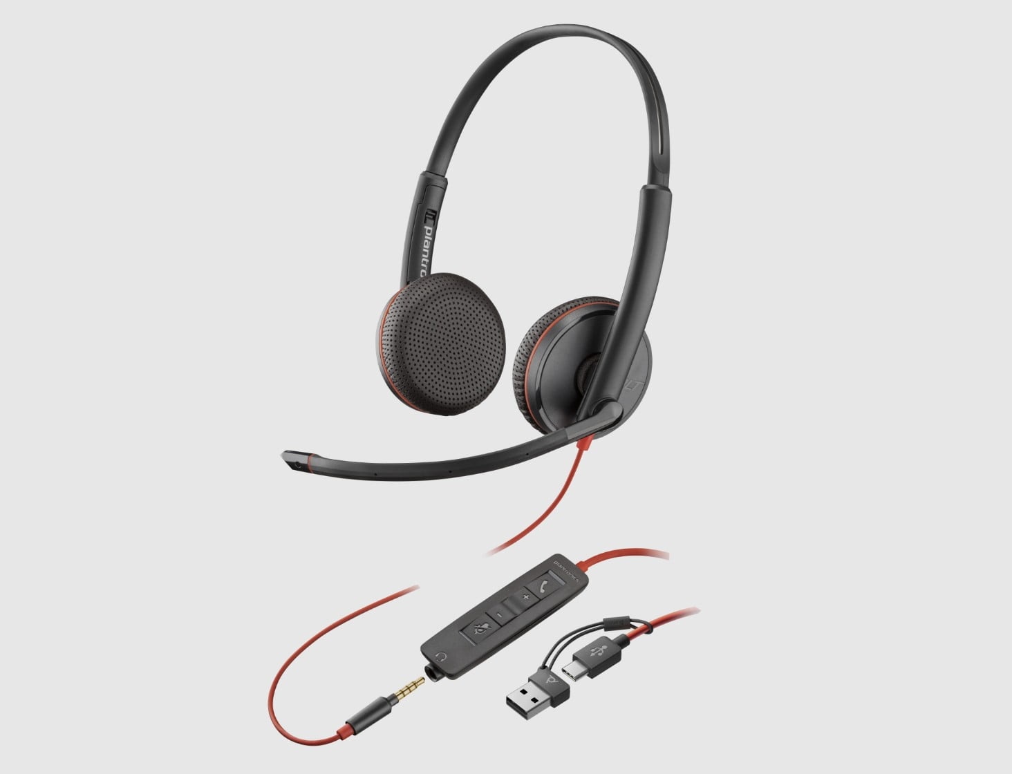 Poly Blackwire 3220 wired USB headset showing inline controls