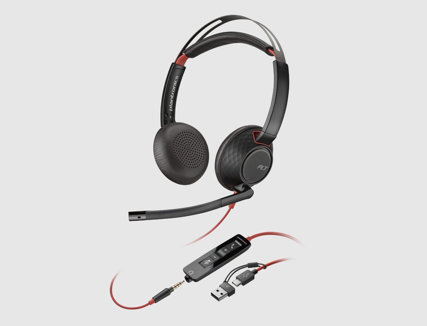 Poly Blackwire 5220  wired USB headset showing inline controls and 3.5mm connector