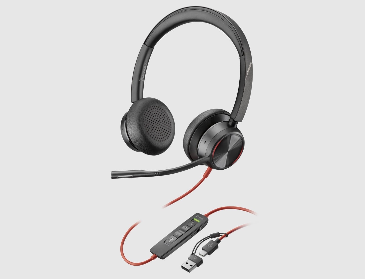 Poly Blackwire 8225 wired USB headset showing inline controls