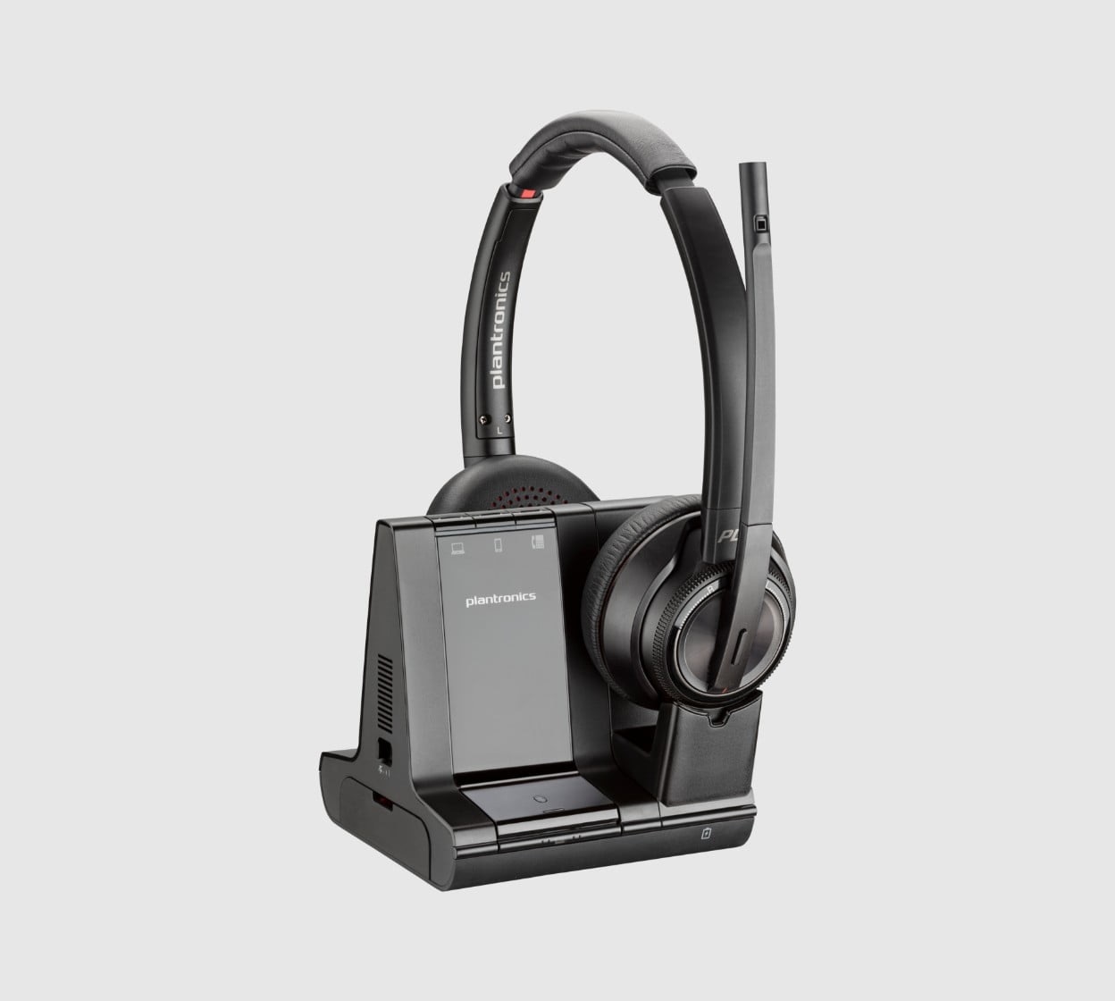 Poly Savi 8220 Office series DECT wireless headset on base stand