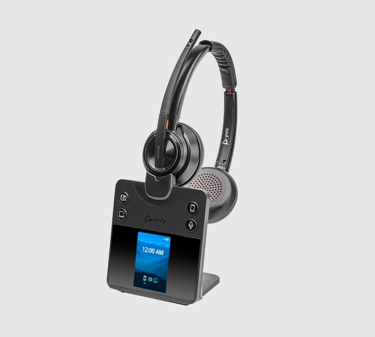 Poly Savi 8420 Office series DECT wireless headset on base stand with color display for multi device connectivity