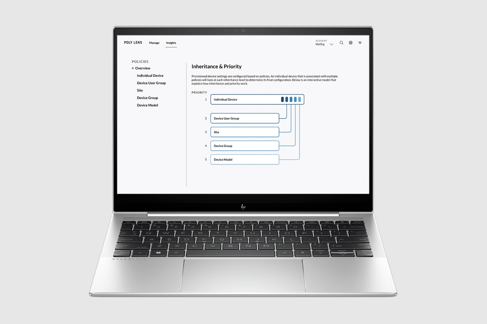 Image of an HP computer, showing the status of Poly Lens.